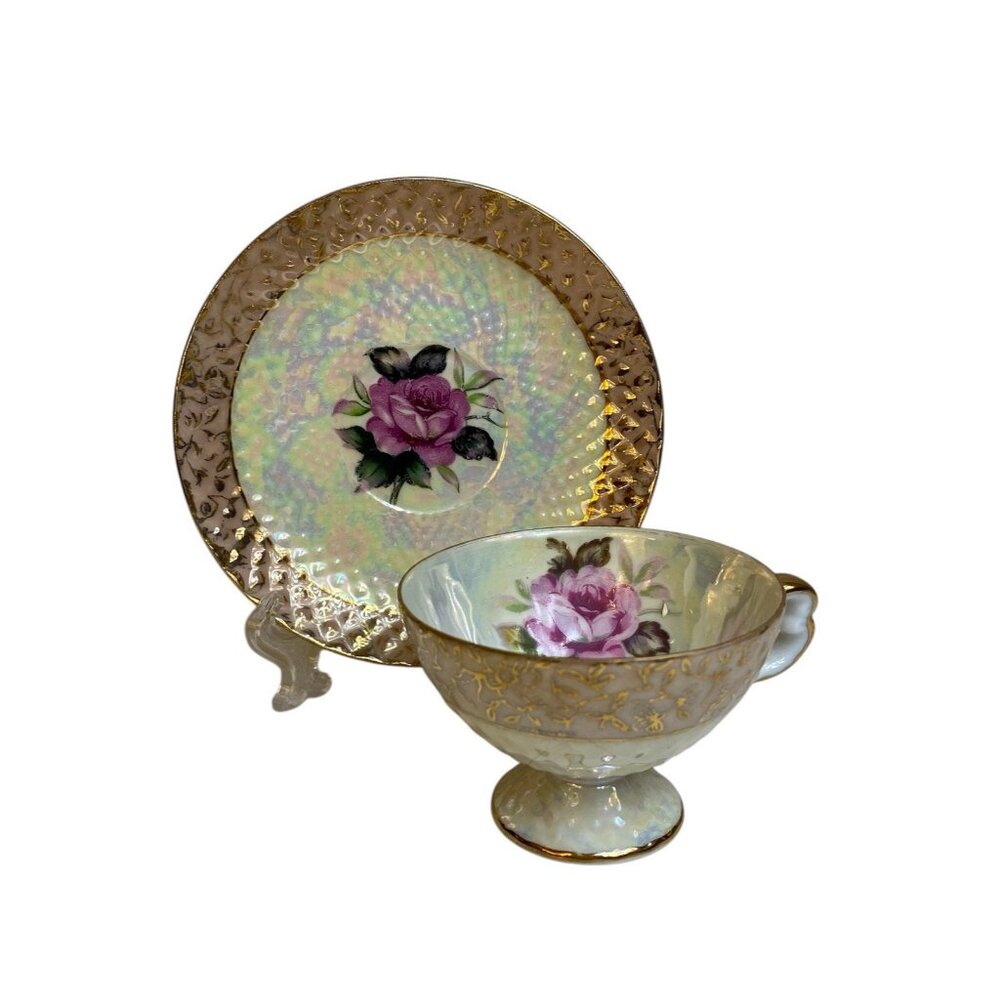 Demitasse Footed Cup Saucer Textured Floral Lusterware Pearlescent Japan Rose